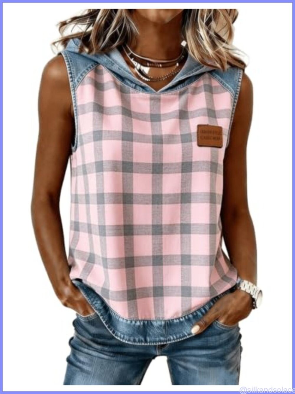 Sleeveless Hoodie Tank Top Women's Casual Patchwork Contrast Denim Vest Summer